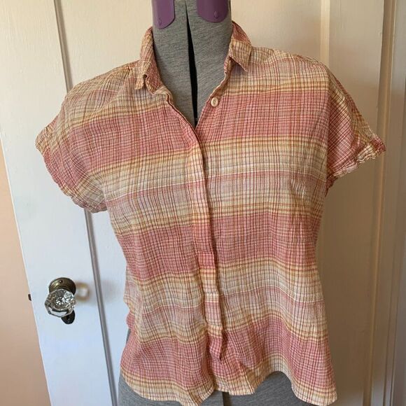 Madewell Womens S Orange Beige Plaid Button Down Short Sleeve 100% Cotton Gauze - Picture 1 of 5